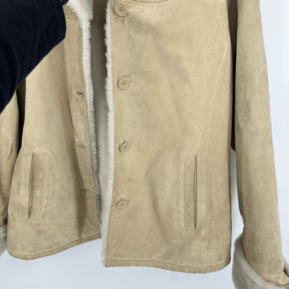 Womens XL Suede Faux Fur Lined Winter Jacket Pockets Cream Boho 70s Style - Picture 11 of 15